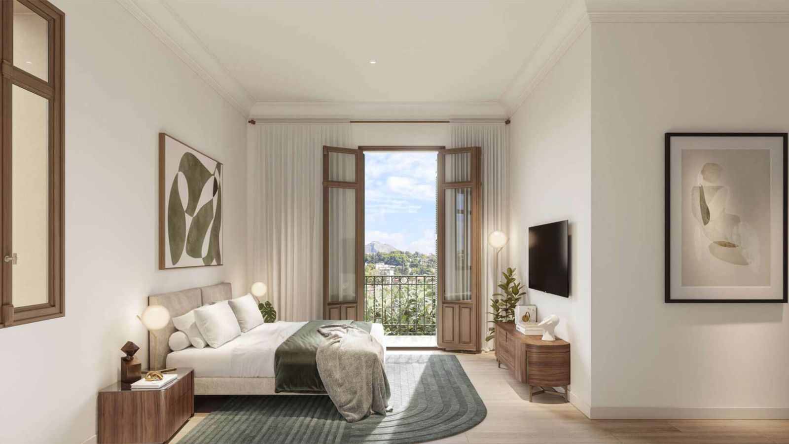 Be Grand slaapkamer met balkon en uitzicht.